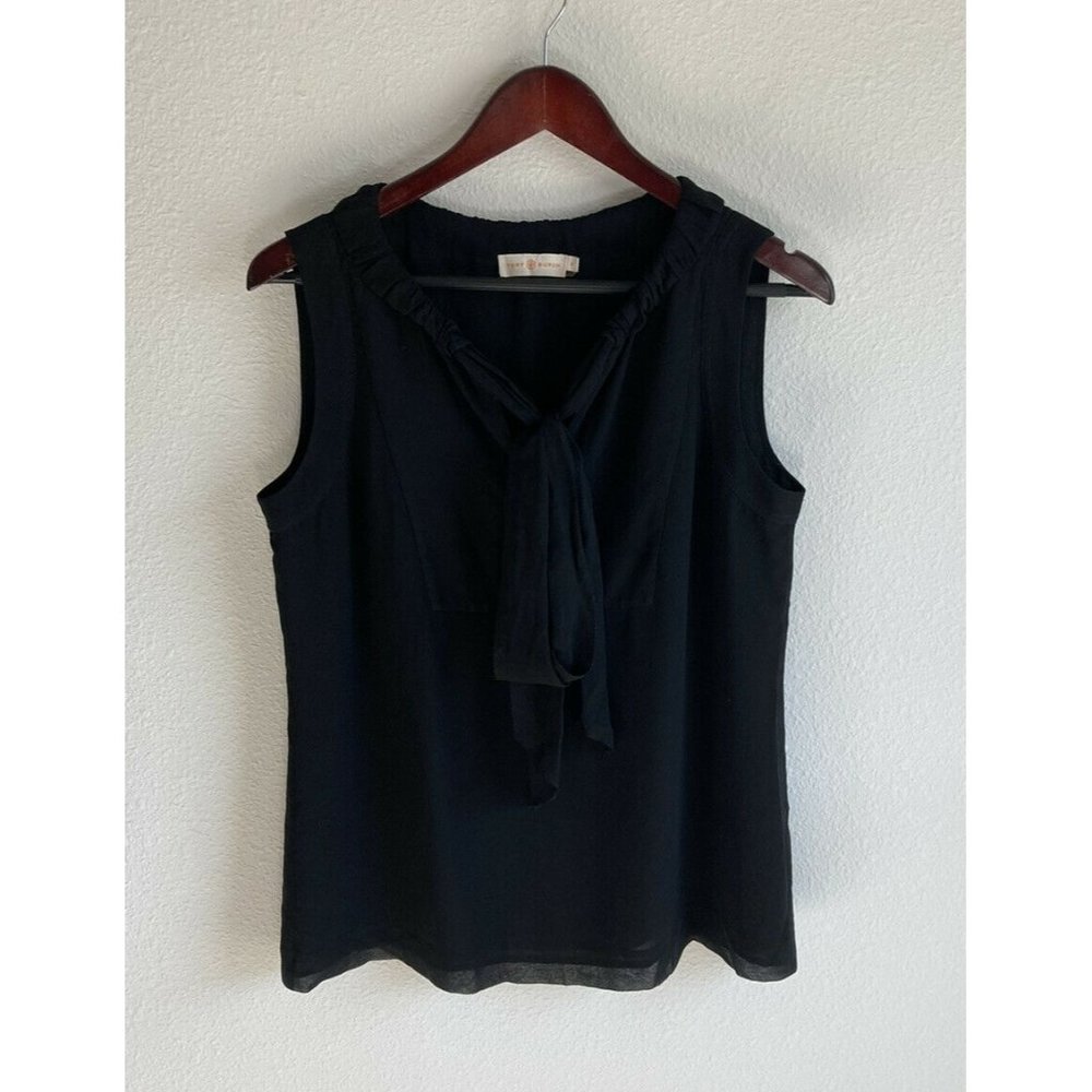 Tory Burch Black Silk Sleeveless Bow Blouse (Size 8)